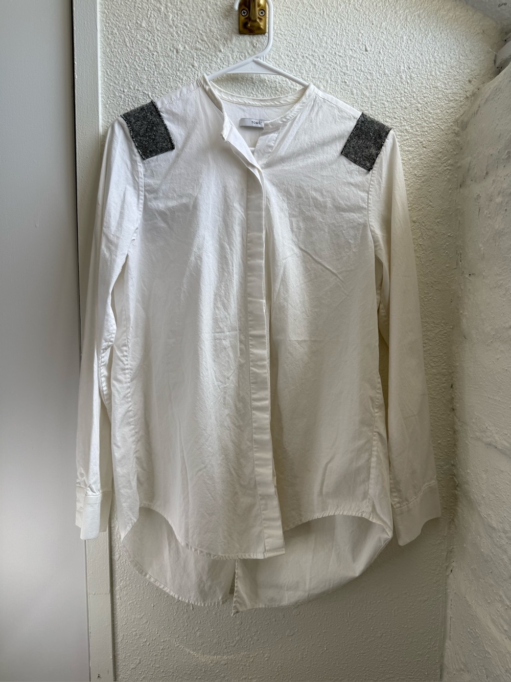 Tomé white Cotton poplin long sleeve button-down open back shoulder patch top 4
